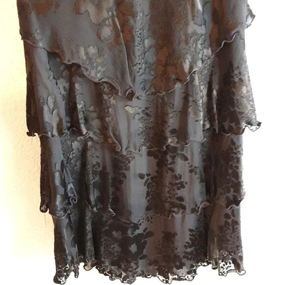 R & M Richards Vintage Brown 100% Silk Velvet Burnout Tiered Ruffled Dress 10 - Picture 3 of 9